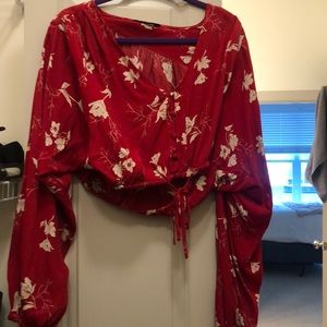 Cute crop top red floral shirt